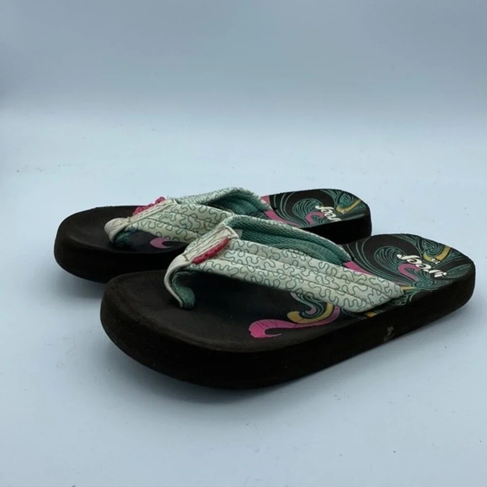 Reef kids 7/8 Sandals Flip Flop Thong Teal Pink Slip On Black Soles
